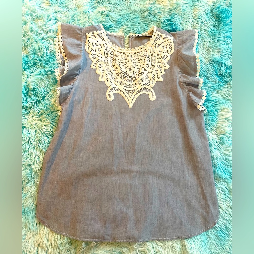 LOFT Ticking Cotton Embroidered Blouse Size Medium